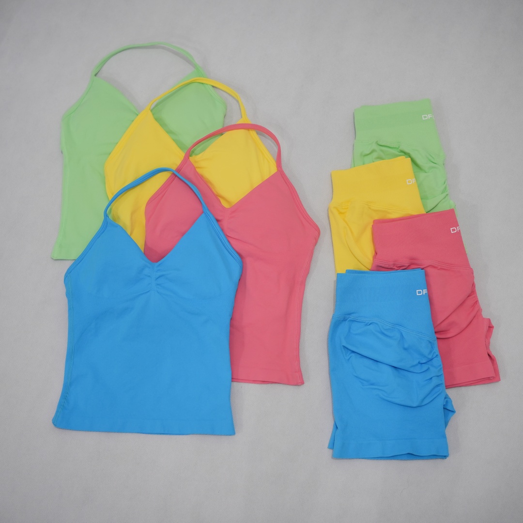 Pilates Yoga Gear - ชุดออกกำลังกายไร้ตะเข็บสำหรับผู้หญิง DFDK แบบ 2 ชิ้น เสื้อกล้ามโยคะแบบเปิดหลัง