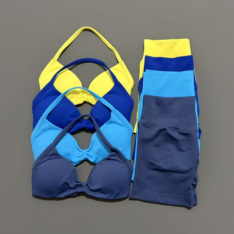 Pilates Yoga Gear - 2 ชิ้น HISTELLO ชุดกีฬาชุดโยคะแบบไม่มีรอยต่อสตรappy บราเอวสูงกางเกงขาสั้นระบายอากาศได้ดียิมออกกำลังกายเสื้อผ้าออกกำลังกาย