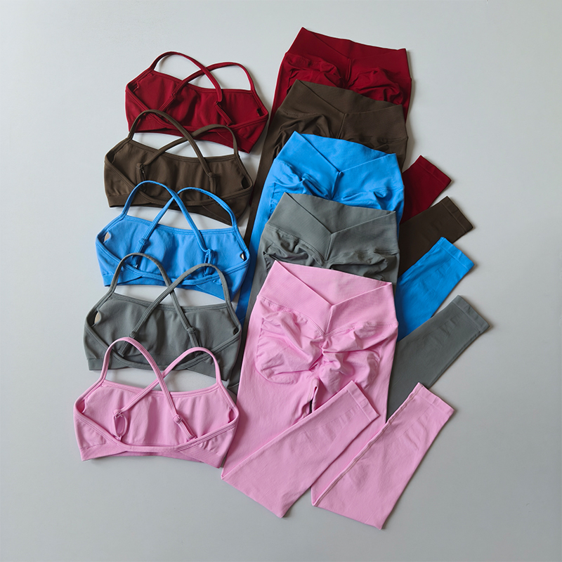 Pilates Yoga Legging - ชุดออกกำลังกายสีพีช 2 ชิ้น กางเกงเลกกิ้งเอวสูง ชุดโยคะรัดรูป ชุดกีฬาแห้งเร็ว