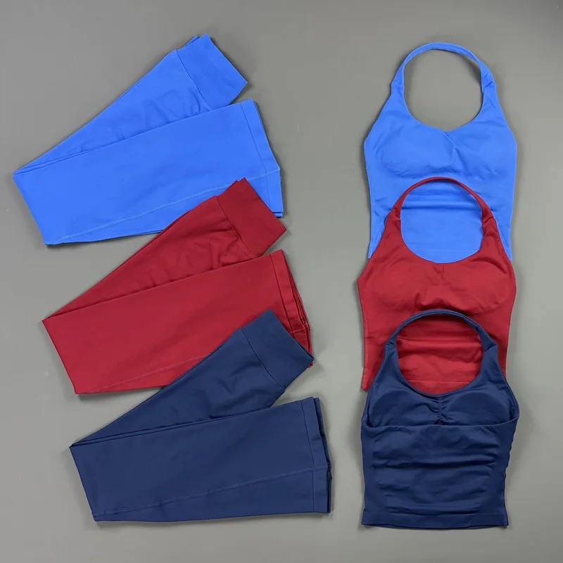 Pilates Yoga Legging - ชุดออกกำลังกาย เสื้อสายเดี่ยวทรงสปอร์ต กางเกงเลกกิ้งขาบานไร้รอยต่อ สีพื้น เซ็กซี่ โชว์หลัง